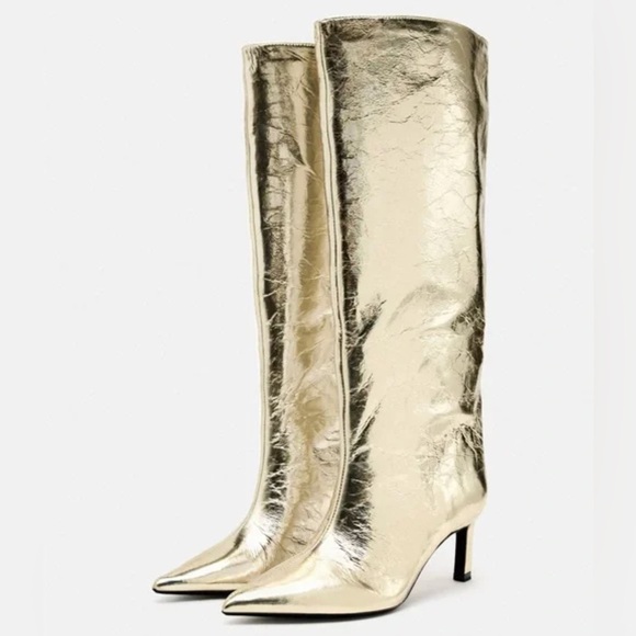Zara Shoes - Zara METALLIC HIGH-HEEL BOOTS. Golden. Size 6. New with Tags.